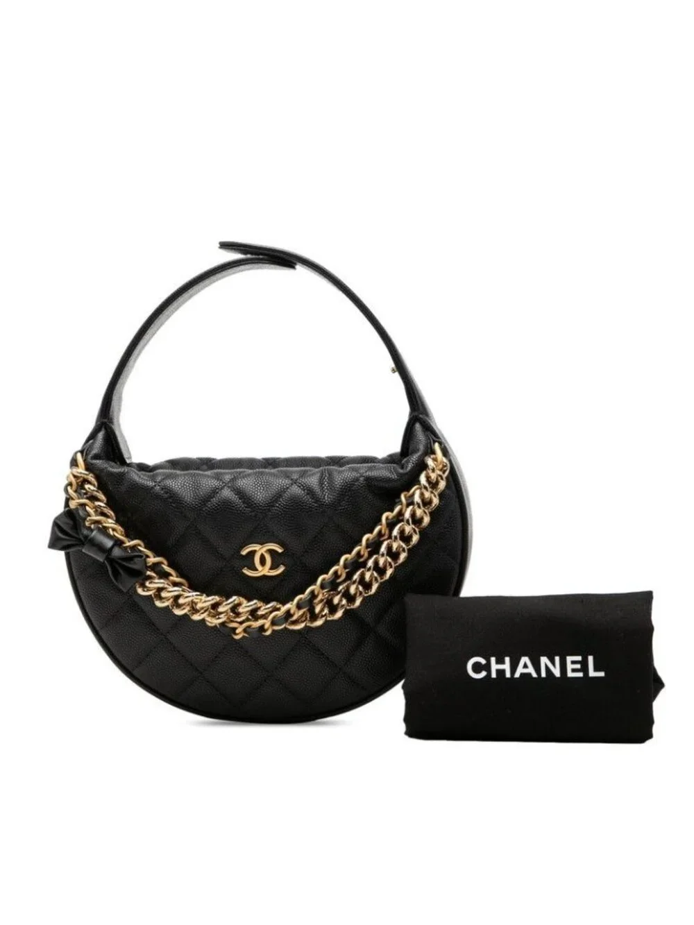 Chanel CC Logo Quilted Mini Hobo Handbag Ribbon Chain Black Caviar Leather